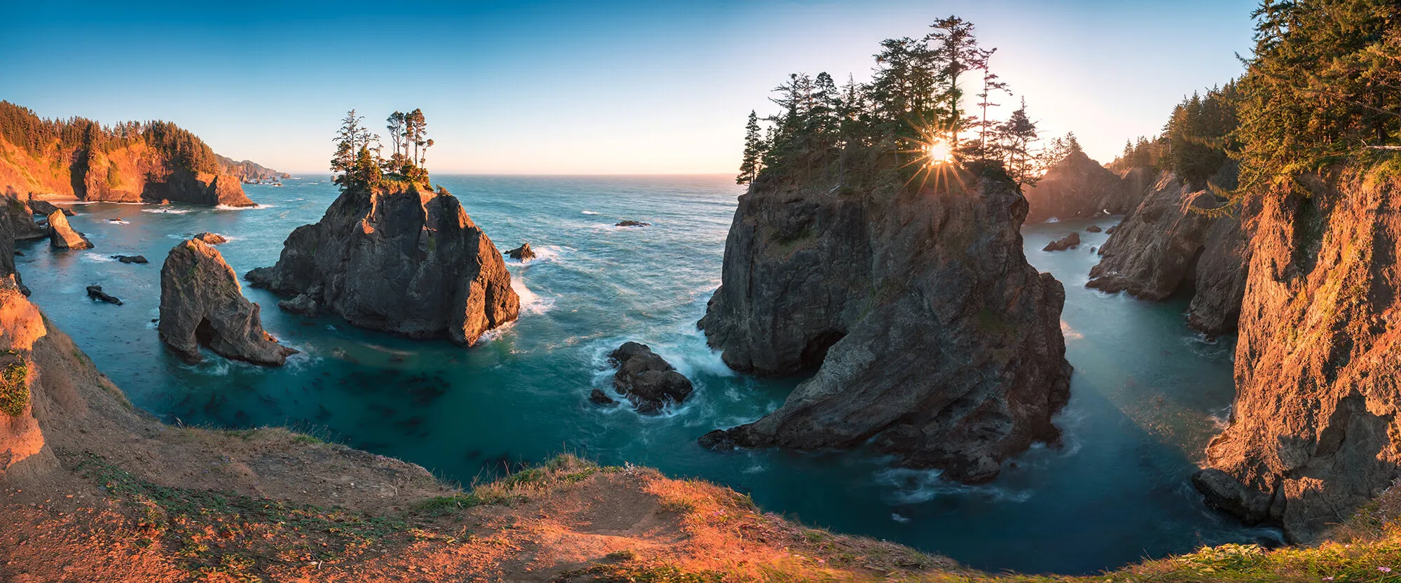 Oregon during a golden hour sunbeams through trees